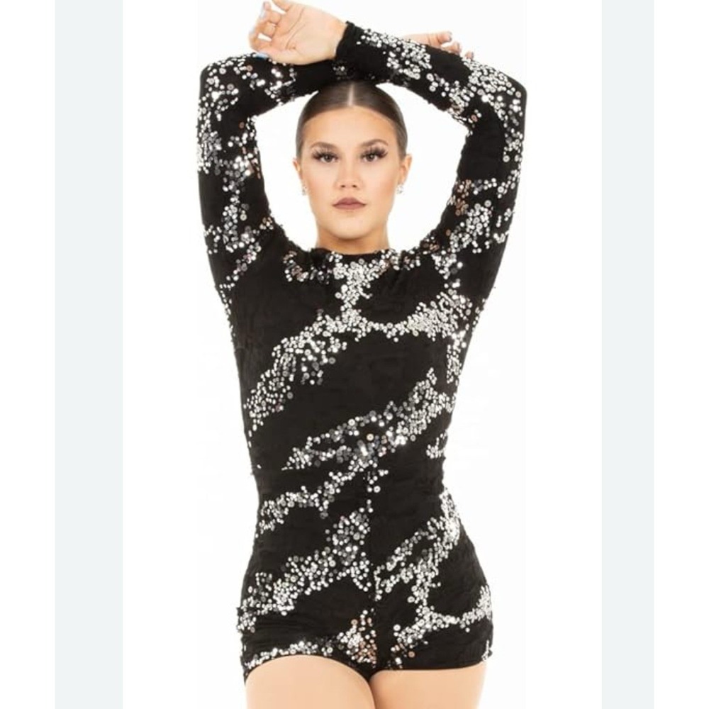 Sparkly Sequin Romper Medium Black Long Sleeve Mini Playsuit Swiftie Festival